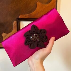 Avon Satin Floral Fuchsia Floral Clutch Evening Bag Beaded Brown Flower Detail
